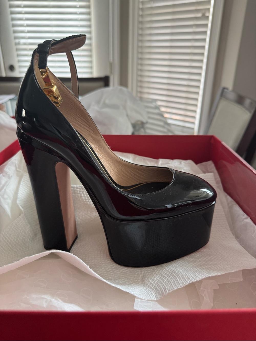 Christian Louboutin Black Patent Platform Ankle-Strap Block Heels